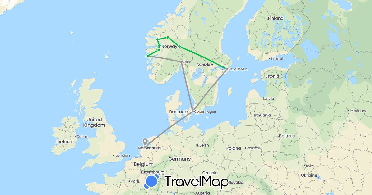 TravelMap itinerary: driving, bus, plane in Denmark, Netherlands, Norway, Sweden (Europe)
